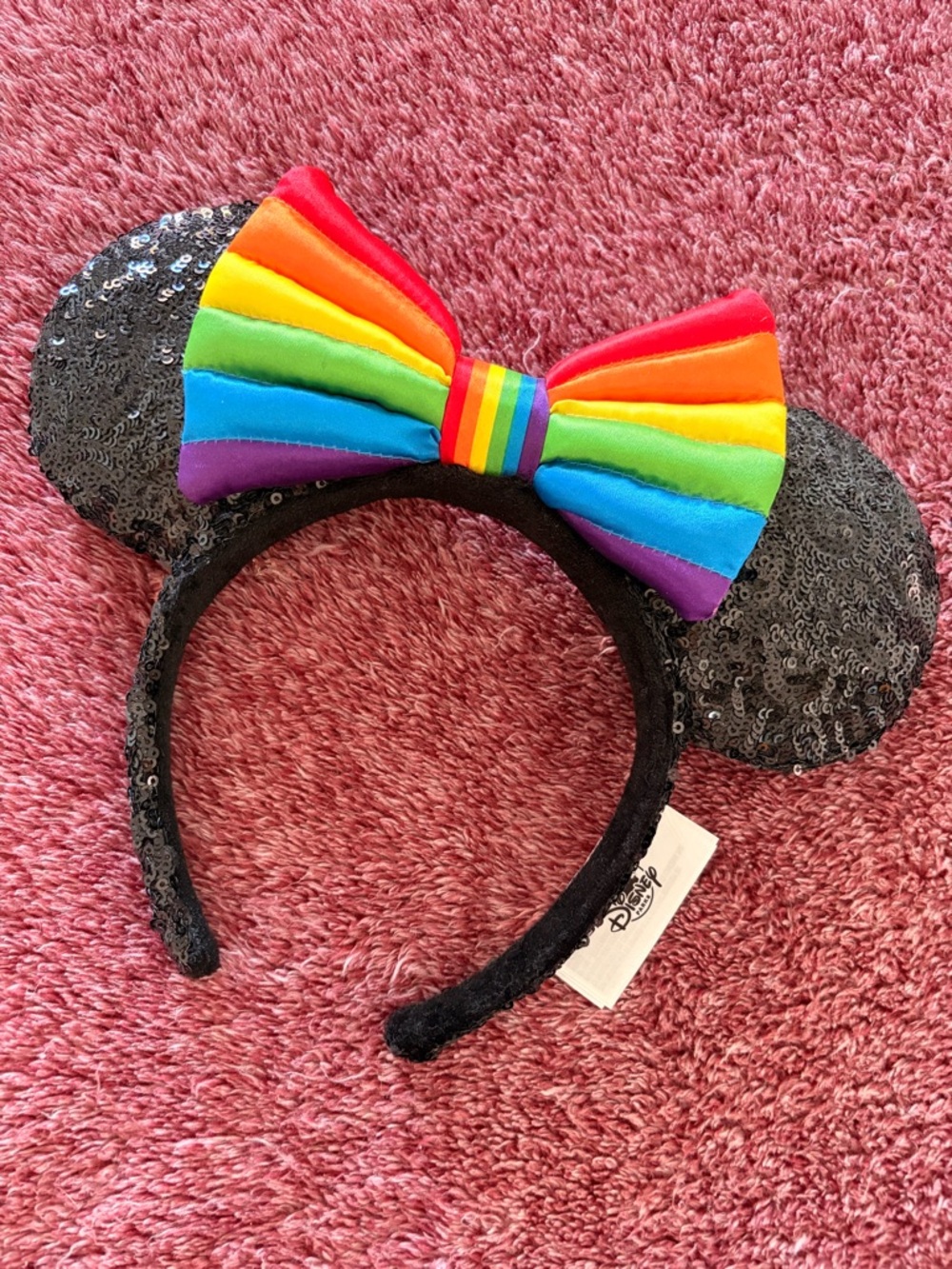 Disney Black Sequin Minnie Ears Headband with Rainbow Bow